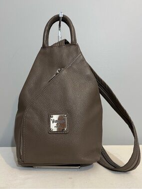 Valentina Taupe Pebbled Leather Sling Bag Convertible Backpack Purse